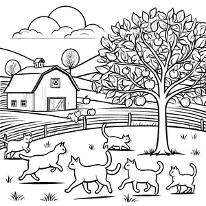 Abenteuerliche Katzenbande erkundet den Bauernhof Ausmalbild für kleine Naturfreunde