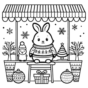 Niedlicher Hase im festlichen Weihnachtspullover mit Geschenken Ausmalbild für kleine Weihnachtsentdecker