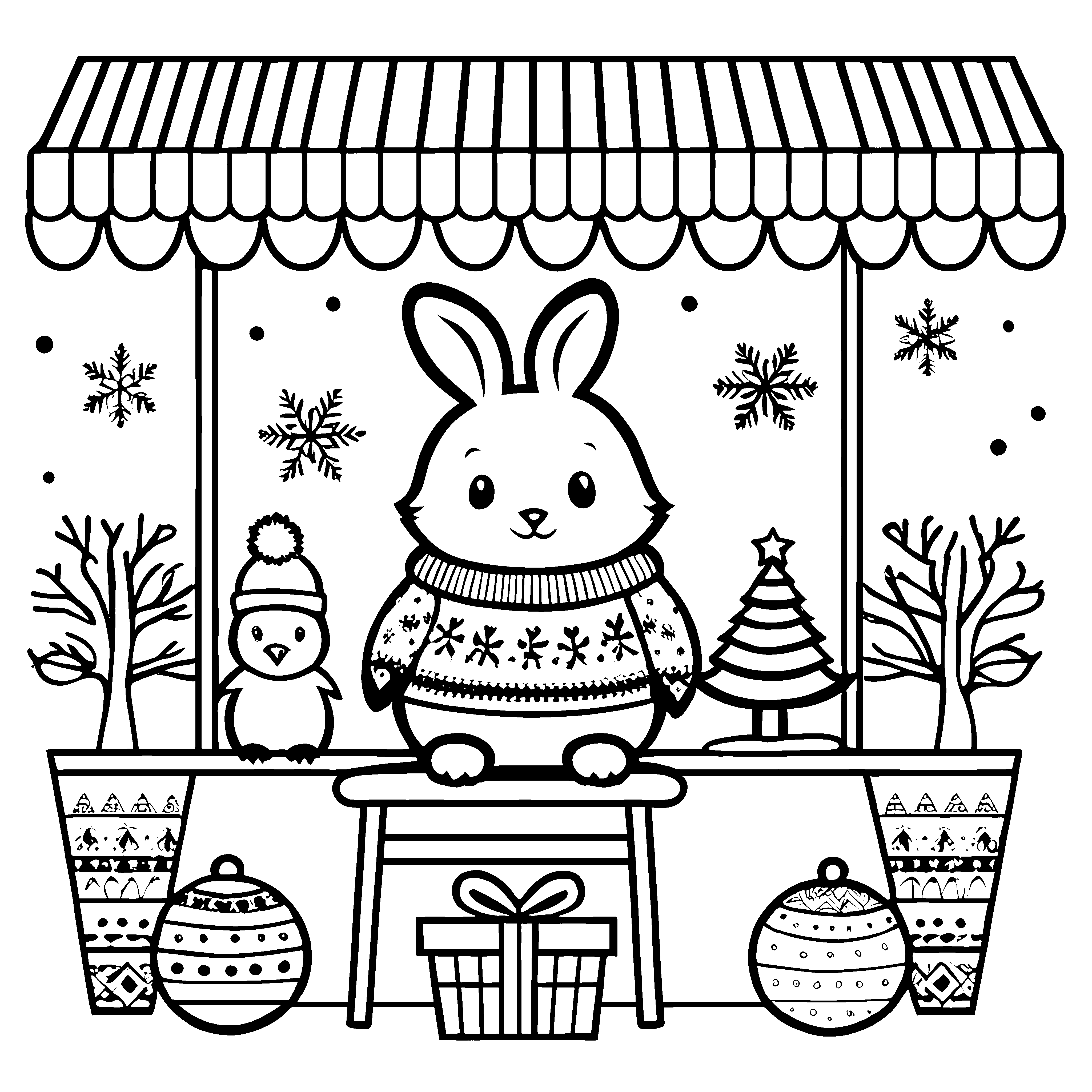 Niedlicher Hase im festlichen Weihnachtspullover mit Geschenken Ausmalbild für kleine Weihnachtsentdecker