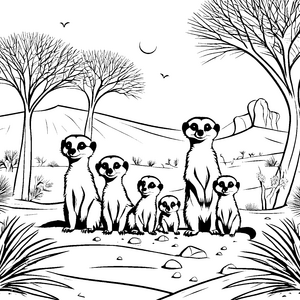Sechs neugierige Erdmännchen Jungtiere im Sand Ausmalvorlage für kleine Abenteurer und fantasievolle Entdecker
