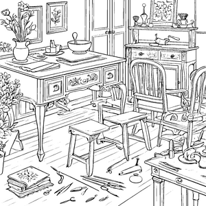 Charmanter Vintage-Tisch mit Büchern und Pflanzen Malvorlage für fantasievolle Entdecker der Wohnwelt