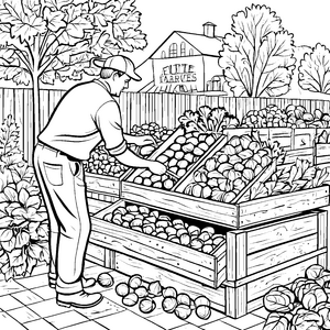 Fröhlicher Mann mit köstlicher Obstkiste Malvorlage für kleine Gartenentdecker