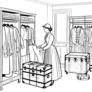 Elegante Dame mit bunten Kleidungsstücken und Koffern Ausmalbild für stilbewusste Entdecker