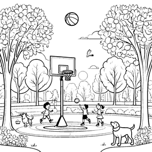 Spaßige Basketball-Spieler im Park Ausmalbild für aktive Entdecker