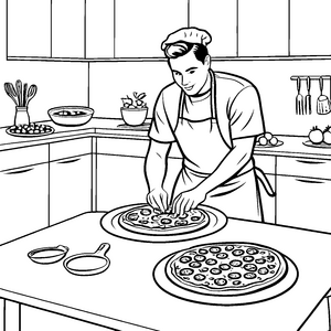 Kreativer Pizzabäcker mit leckerem Belag Ausmalbild für freudige Küchenmeister