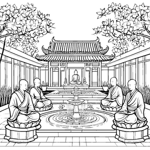 Meditative Mönche im Garten mit Statuen Malvorlage für entspannte Entdecker