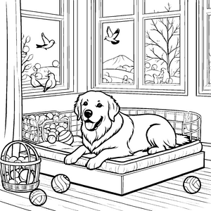 Wohlfühl-Hundekörbchen mit fröhlichem Hund Ausmalvorlage für spielbegeisterte Tierliebhaber