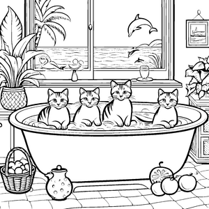 Spritzige Katzen im schaumigen Bad Ausmalmotiv für fröhliche Tierliebhaber