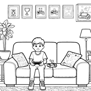 Junger Gamer auf der Couch mit Controller Malvorlage für kreative Spieleenthusiasten
