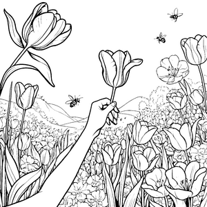 Schillernde Tulpen umschwirrt von emsigen Bienen Malvorlage für abenteuerlustige Naturforscher