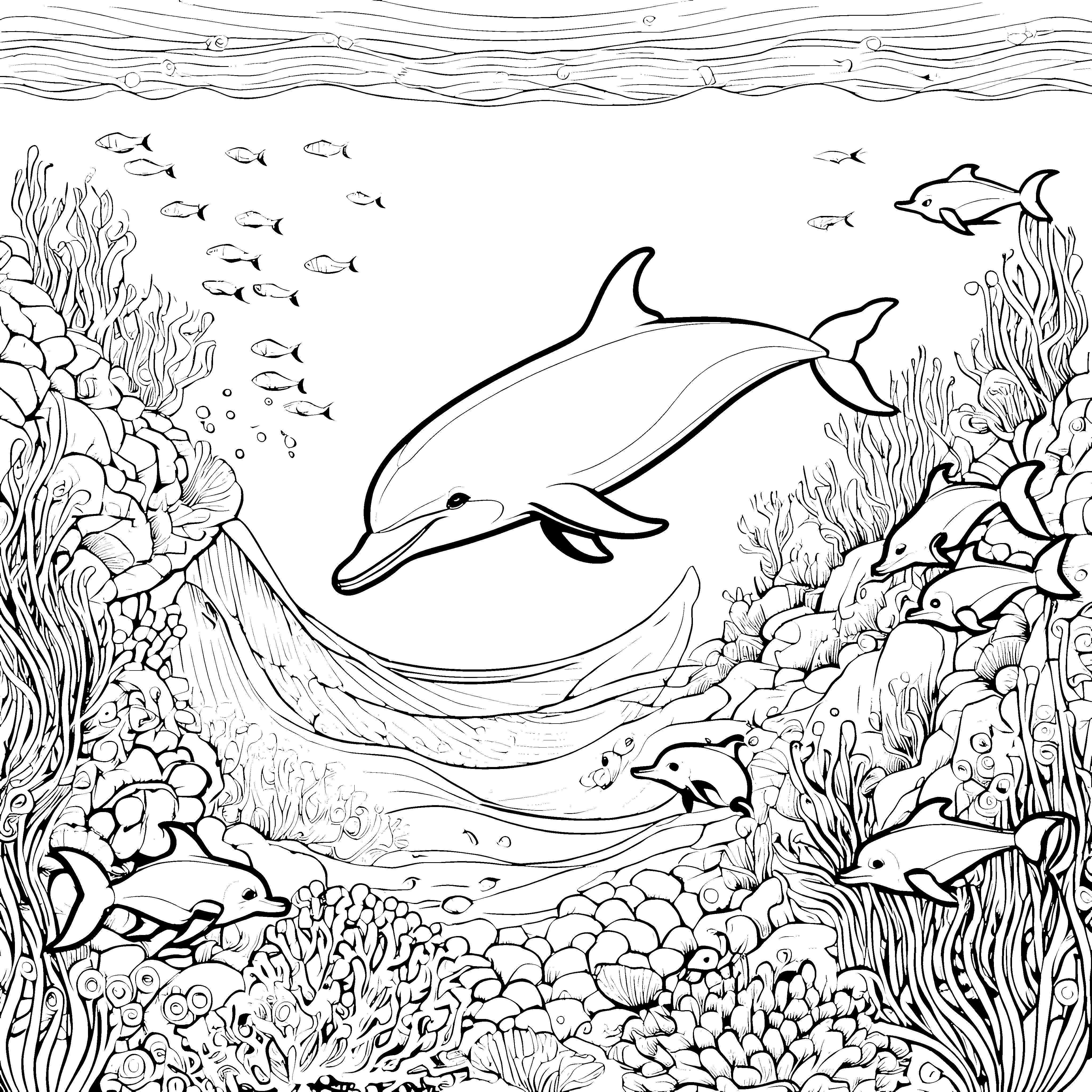 Spritziger Delfin springt aus dem Wasser auf Malvorlage für kleine Meeresabenteurer mit Traumfantasie