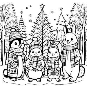 Frohe Tierfamilie mit Weihnachtsbaum im Schnee Ausmalbild für fröhliche Winterentdecker
