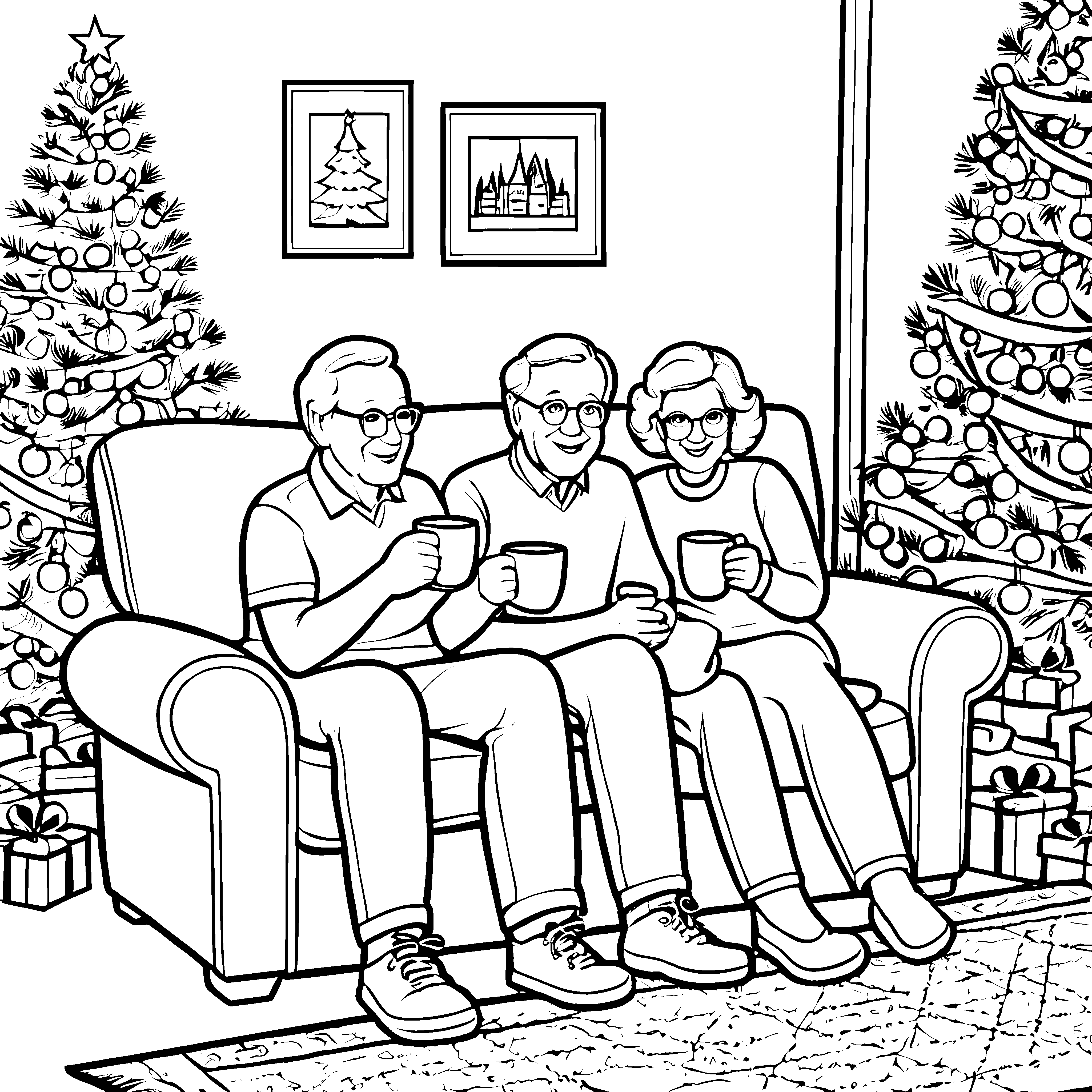 Herzliche Kaffeerunde auf der gemütlichen Couch Ausmalbild für frohe Weihnachtszauberer