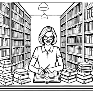 Wissbegierige Bibliothekarin zwischen Bücherregalen Ausmalvorlage für kleine Leseratten