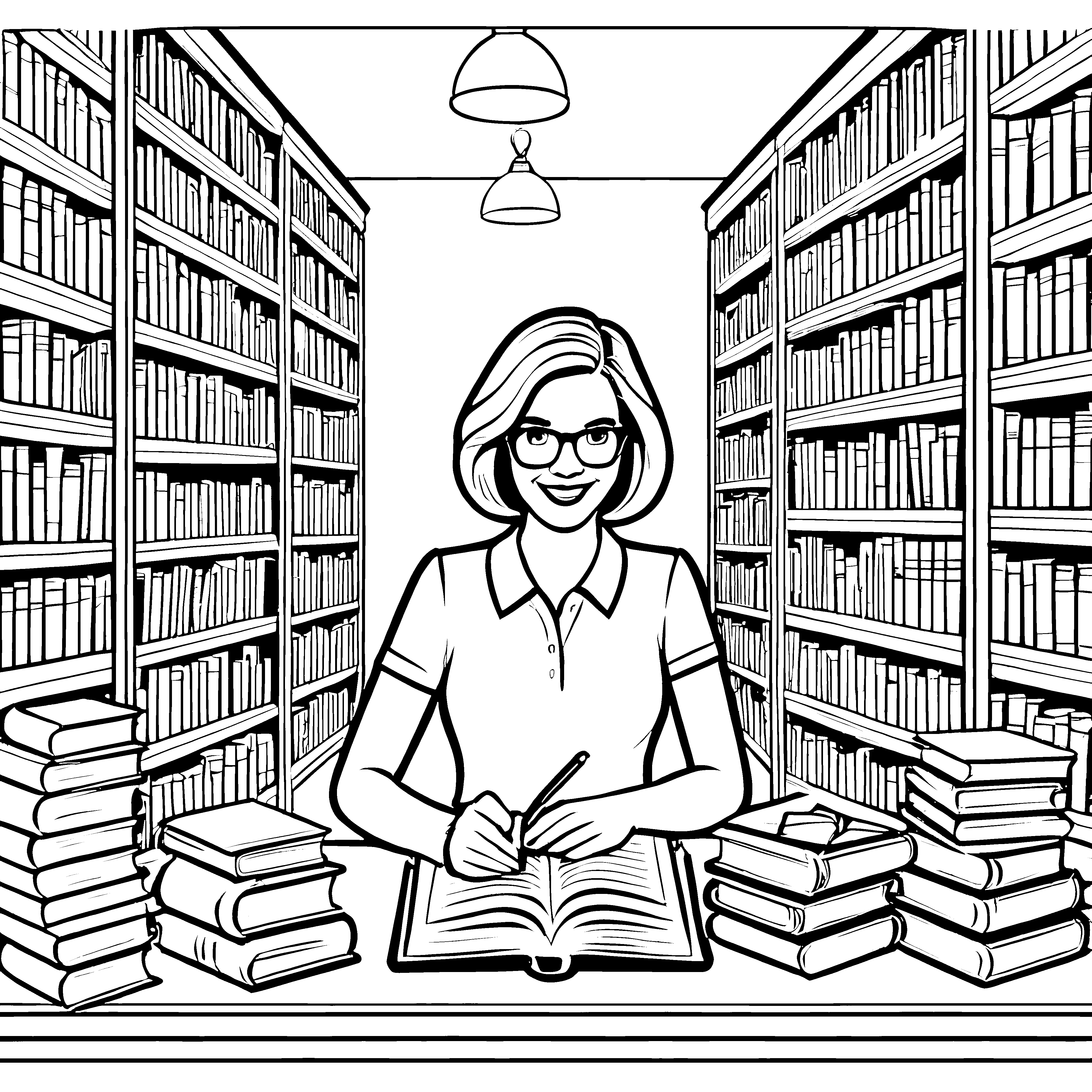 Wissbegierige Bibliothekarin zwischen Bücherregalen Ausmalvorlage für kleine Leseratten