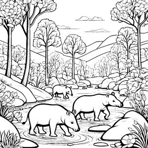 Spannender Tapir über glitzernde Steine im Fluss Ausmalbild für kleine Abenteuerlustige