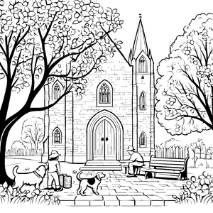 Bezaubernde Kirche im blühenden Garten Ausmalvorlage für kleine Kunstliebhaber