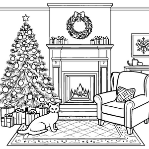 Kreative Katze vor festlich geschmücktem Weihnachtsbaum Ausmalbild für fantasievolle Tierfreunde
