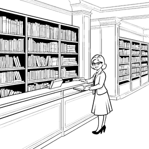 Engagierte Bibliothekarin zwischen bunten Buchregalen Ausmalvorlage für wissbegierige Leseratten