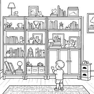 Faszinierender Bücherregal mit bunten Kleinigkeiten Ausmalbild für kühle Entdecker mit Charme