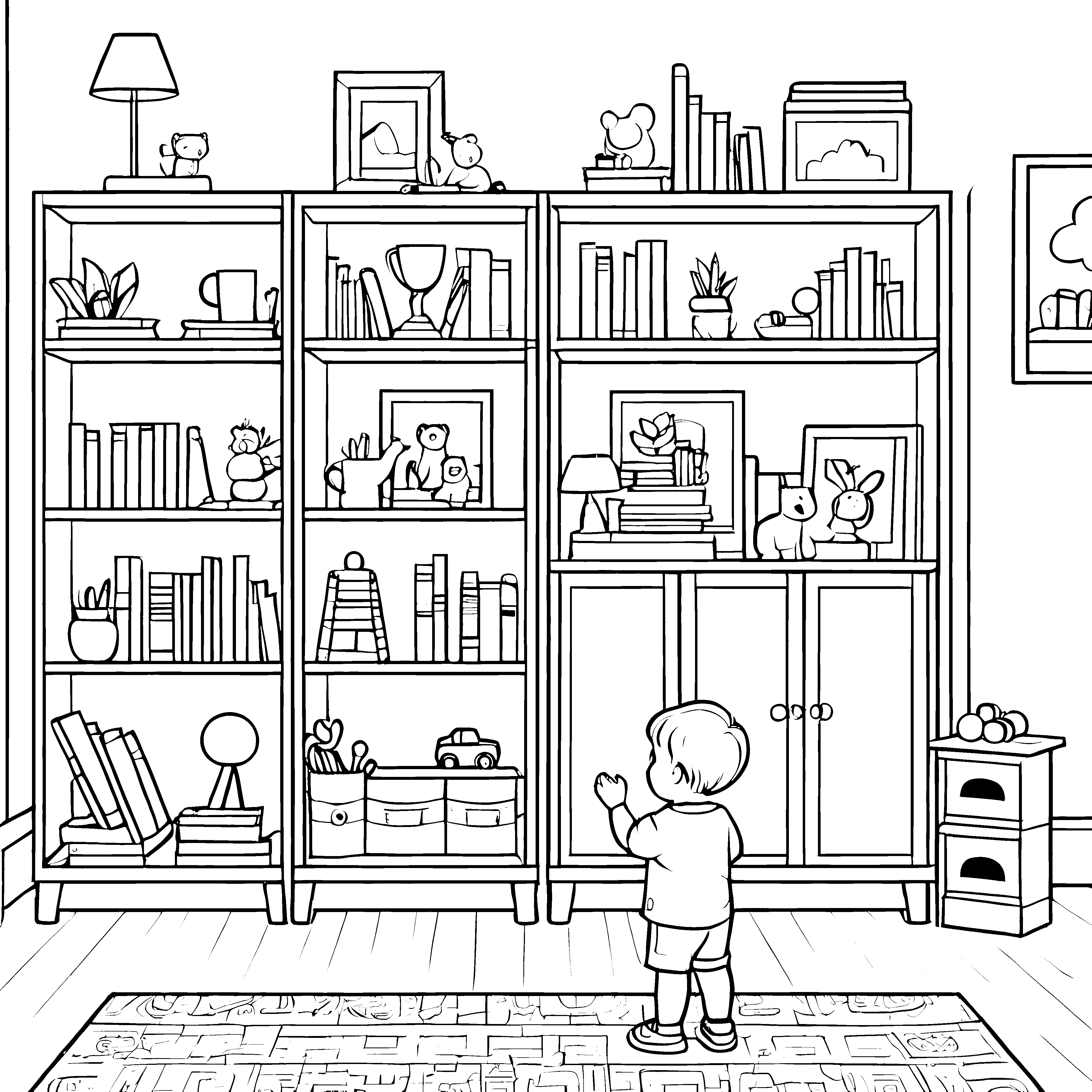 Faszinierender Bücherregal mit bunten Kleinigkeiten Ausmalbild für kühle Entdecker mit Charme
