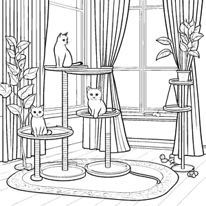 Katzenabenteuer auf dem bezaubernden Kratzbaum Ausmalbild für kreative Kuschelfreunde