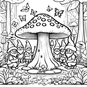 Zauberhafte Zwerge im Wald mit buntem Pilz Malvorlage für kleine Fantasieträumer
