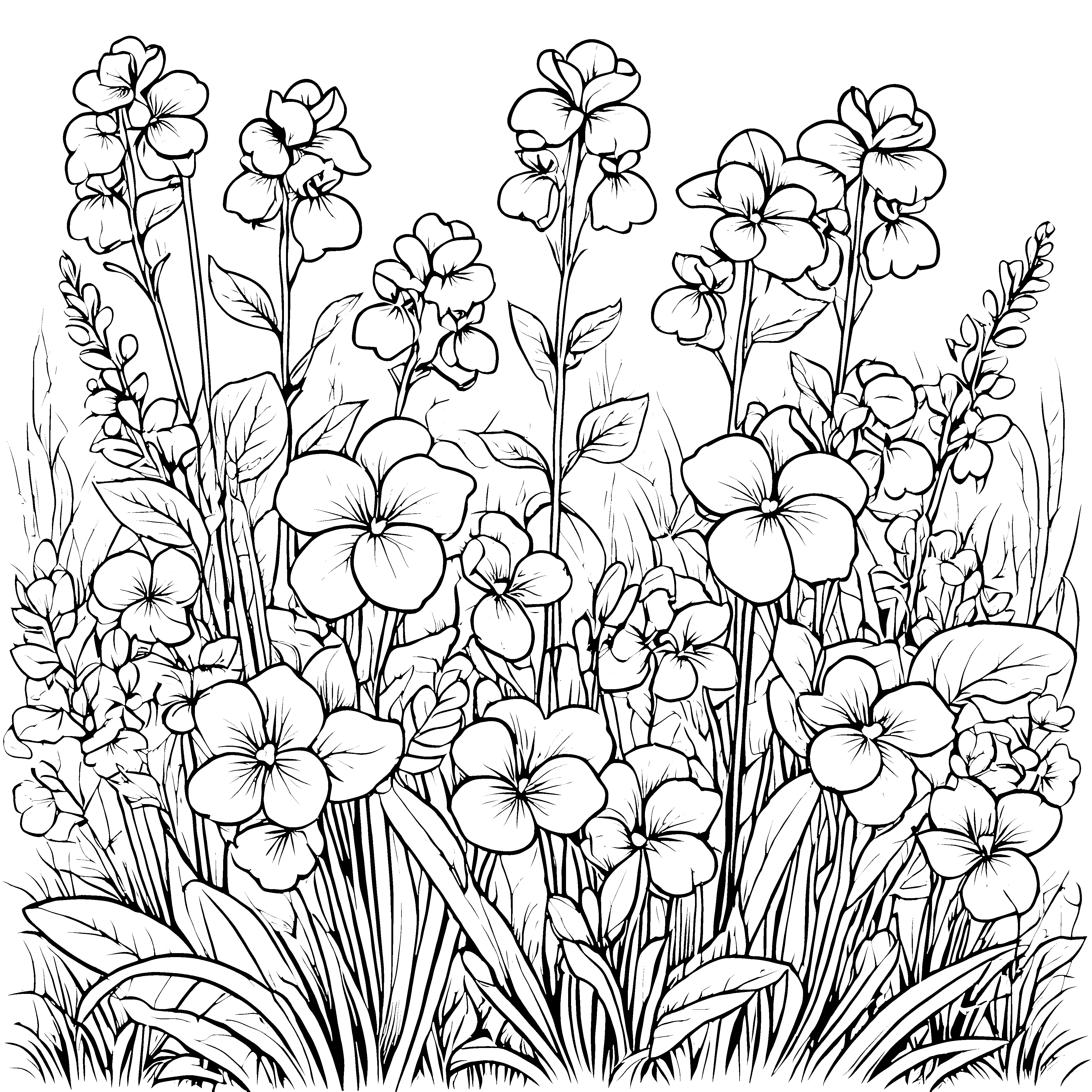 Fünf bezaubernde Veilchen umgeben von sanften Blättern Ausmalvorlage für kreative Blumenentdecker