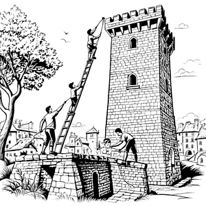 Neugieriger Ziegelturm im Aufbau mit fleißigen Handwerkern Ausmalbild für kleine Baumeister und kreative Köpfe