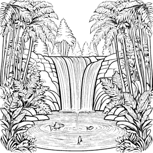 Tropischer Wasserfall mit schillernden Vögeln Ausmalbild für abenteuerlustige Kleinsten
