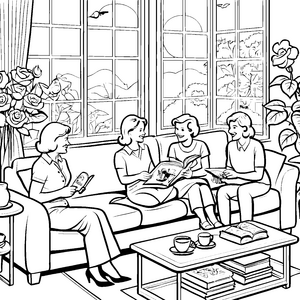 Gemütliches Retro-Sofa mit bunten Kissen Ausmalvorlage für stilvolle Träumer