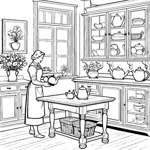 Eleganter Landhausstil-Tisch mit Teekanne und Töpfen Ausmalbild für neugierige kleine Hauskünstler