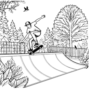Skateboarder zeigt coole Tricks im Park Ausmalvorlage für neugierige Gleitsurfer