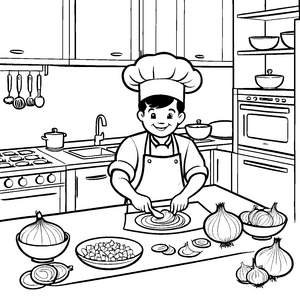 Kochender Junge mit frischen Zwiebeln Ausmalvorlage für kreative Küchenchefs