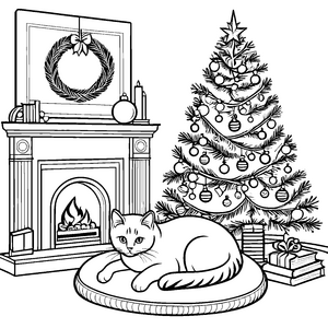 Gemütliche Katze vor festlichem Weihnachtsbaum Ausmalvorlage für fröhliche Winterfreunde