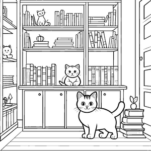 Neugierige Katze vor geheimnisvollem Bücherregal Ausmalbild für kleine Entdeckerchen