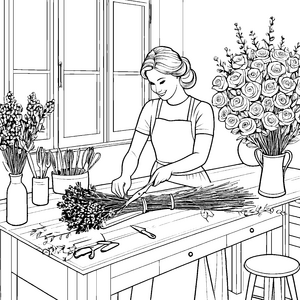Floristische Künstlerin mit farbenfrohen Vasen Ausmalmotiv für blühende Ideenreicher