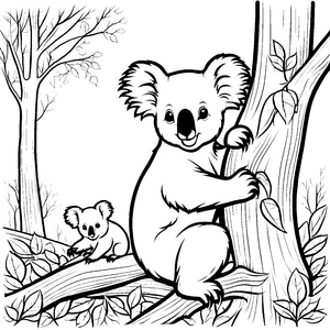 Verspielte Koalas beim Spielen mit Blättern Ausmalmotiv für junge Naturentdecker