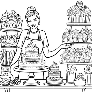 Begeisterte Bäckerin mit kunterbunten Cupcakes Ausmalvorlage für kleine Genuss-Entdecker