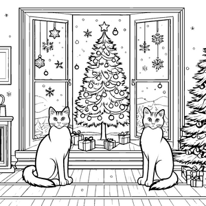 Gemütliche Katzen vor festlich geschmücktem Weihnachtsbaum Ausmalvorlage für kreative Weihnachtsfreunde