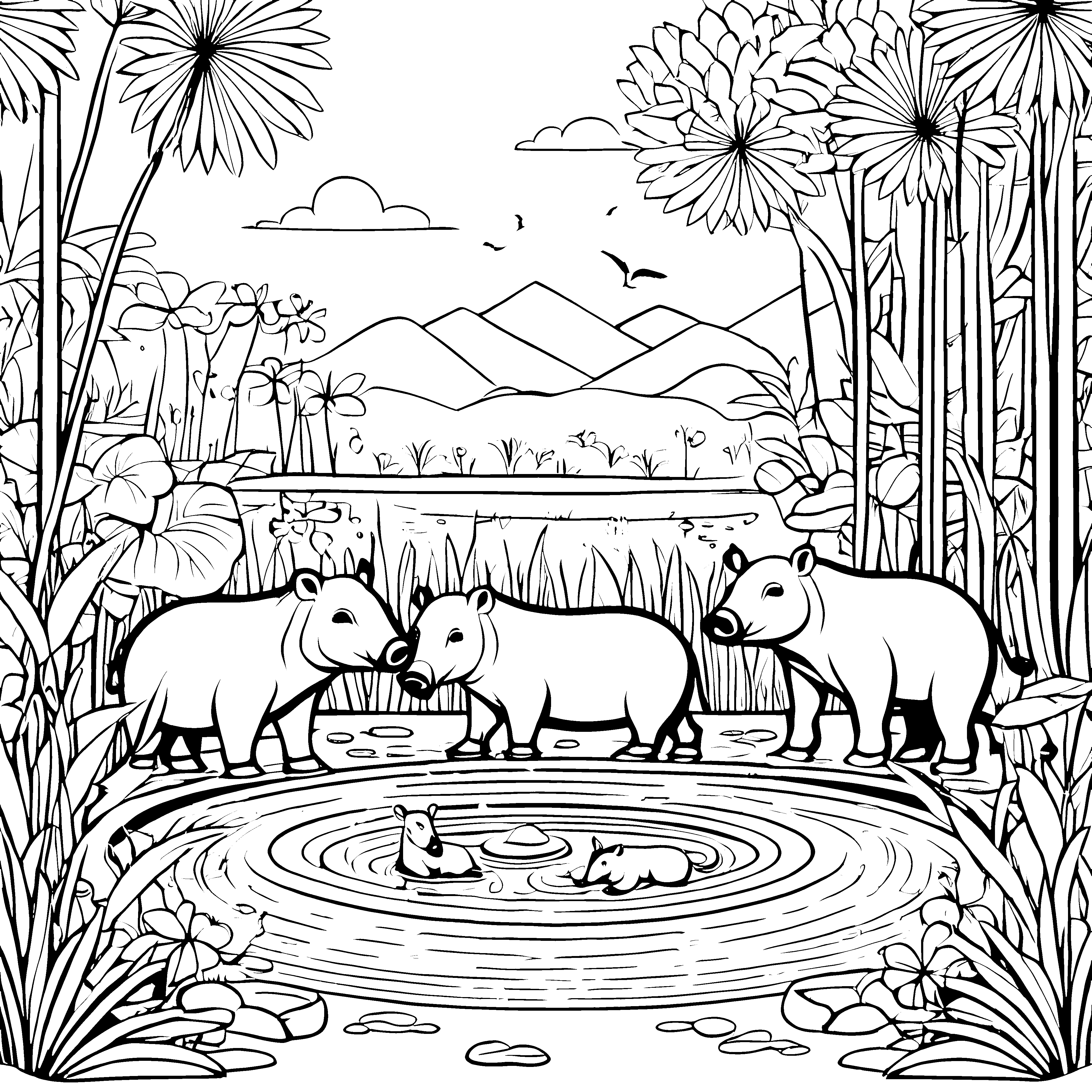 Drei neugierige Tapire am Teich Ausmalmotiv für kleine Tierfreunde