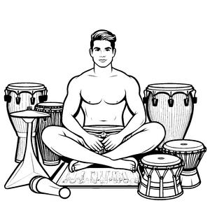 Kreativer Mann im Fokus mit mehreren Trommeln Malvorlage für rhythmische Entdecker