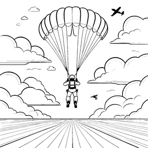 Spannender Fallschirmspringer zwischen wolkigem Himmel Malvorlage für mutige Luftwunderexperten