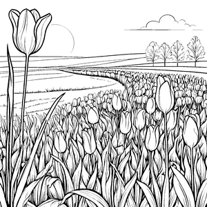 Bunt blühende Tulpen im sonnigen Feld Ausmalvorlage für fantasievolle Naturforscher