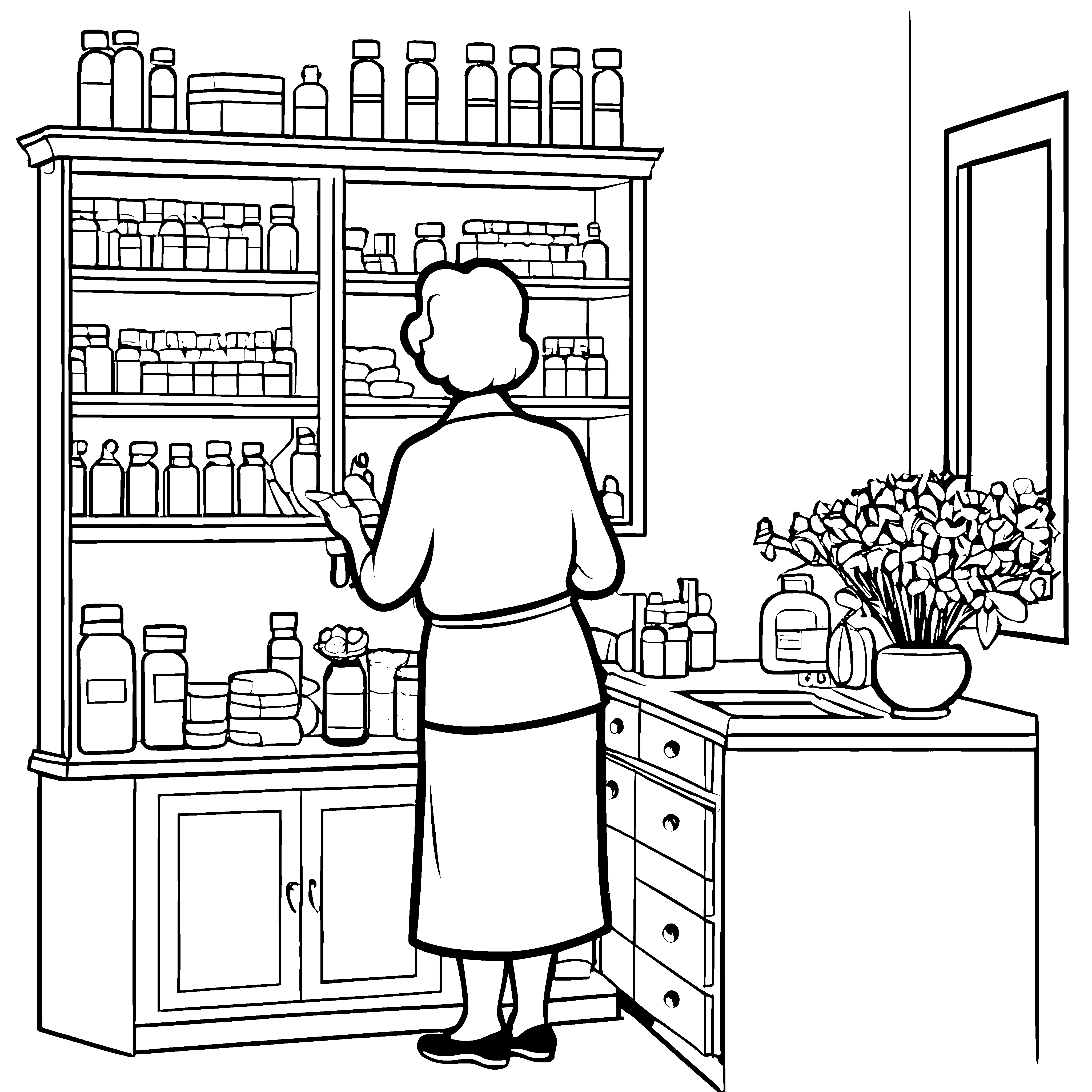 Neugierige Oma entdeckt die Schätze im Medizinschrank Ausmalvorlage für kreative Forscher und kleine Gesundheitsfreunde