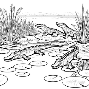 Majestätische Krokodile am Teich mit Seerosen Malvorlage für kleine Naturentdecker