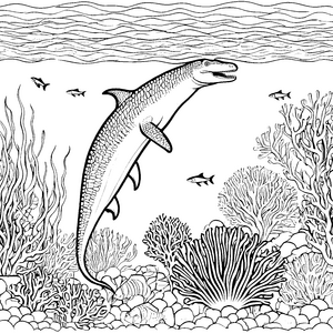 Faszinierender Mosasaurus im blauen Ozean mit Fischen Ausmalbild für kleine Abenteurer und mutige Meeresforscher