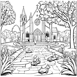 Bezaubernde Kirche mit fröhlichen Spielzeugautos Ausmalmotiv für kleine Abenteurer