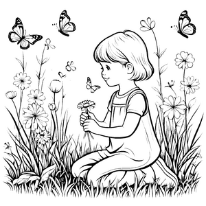 Fröhliches Mädchen mit Gänseblümchen und Schmetterlingen Ausmalbild für kleine Naturforscher