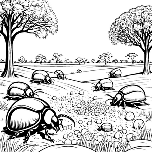 Verspielte Mistkäfer auf geheimnisvollem Waldweg Ausmalvorlage für fantasievolle Erforscher